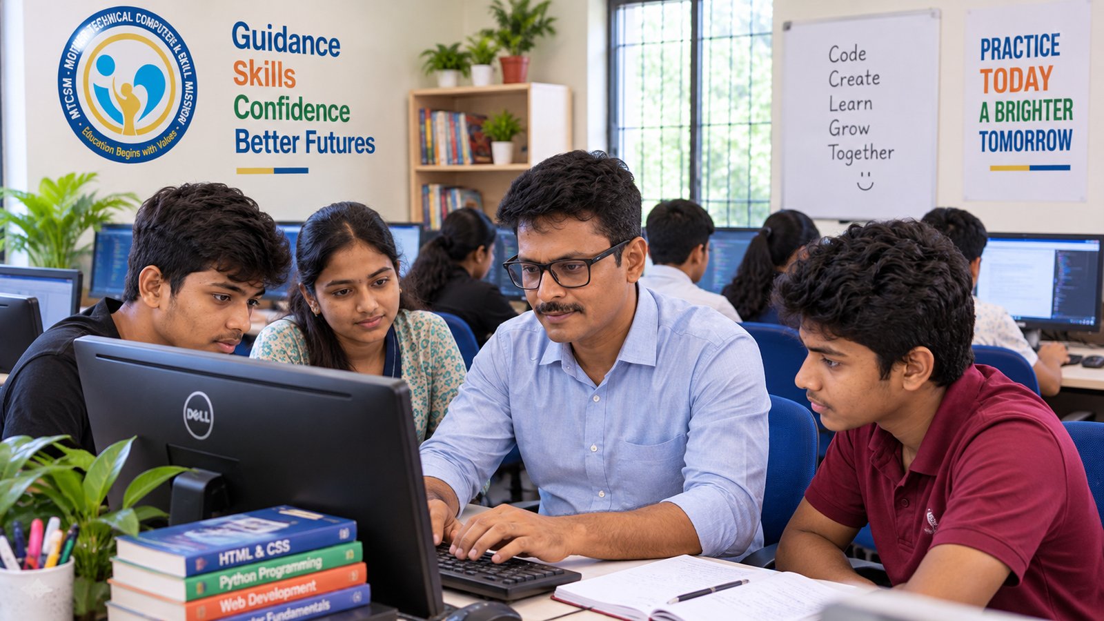 Students learning together in a computer training lab with an instructor providing guidance