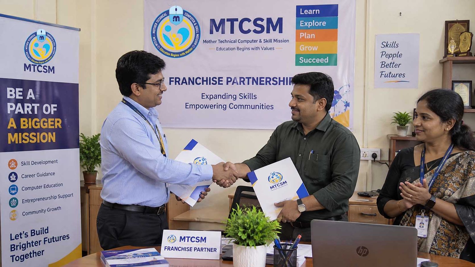 MTCSM educational partnership — partners shaking hands during a collaboration meeting